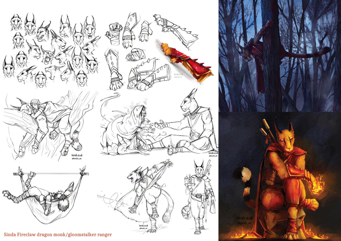 Character sheet for my dnd character Sinda Fireclaw, showing expression sketches a few moments from the campaign and two fully rendered images of her.